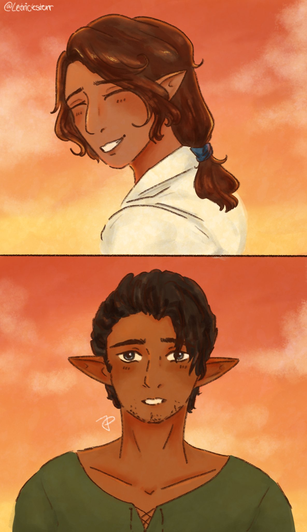 A two panel drawing of two original characters from Final Fantasy XIV, Fallereaux and Devinoux. In the first panel, a teenage Fallereaux is looking back over his shoulder, lit by a sunset, his eyes are closed and he smiles happily. He is an elf with tan skin and long brown hair that is tied low on his head. In the second panel, a teenage Devinoux looks on in awe. He is an elf with darker skin and short black hair, he is just starting to grow some stubble and has large gray eyes.