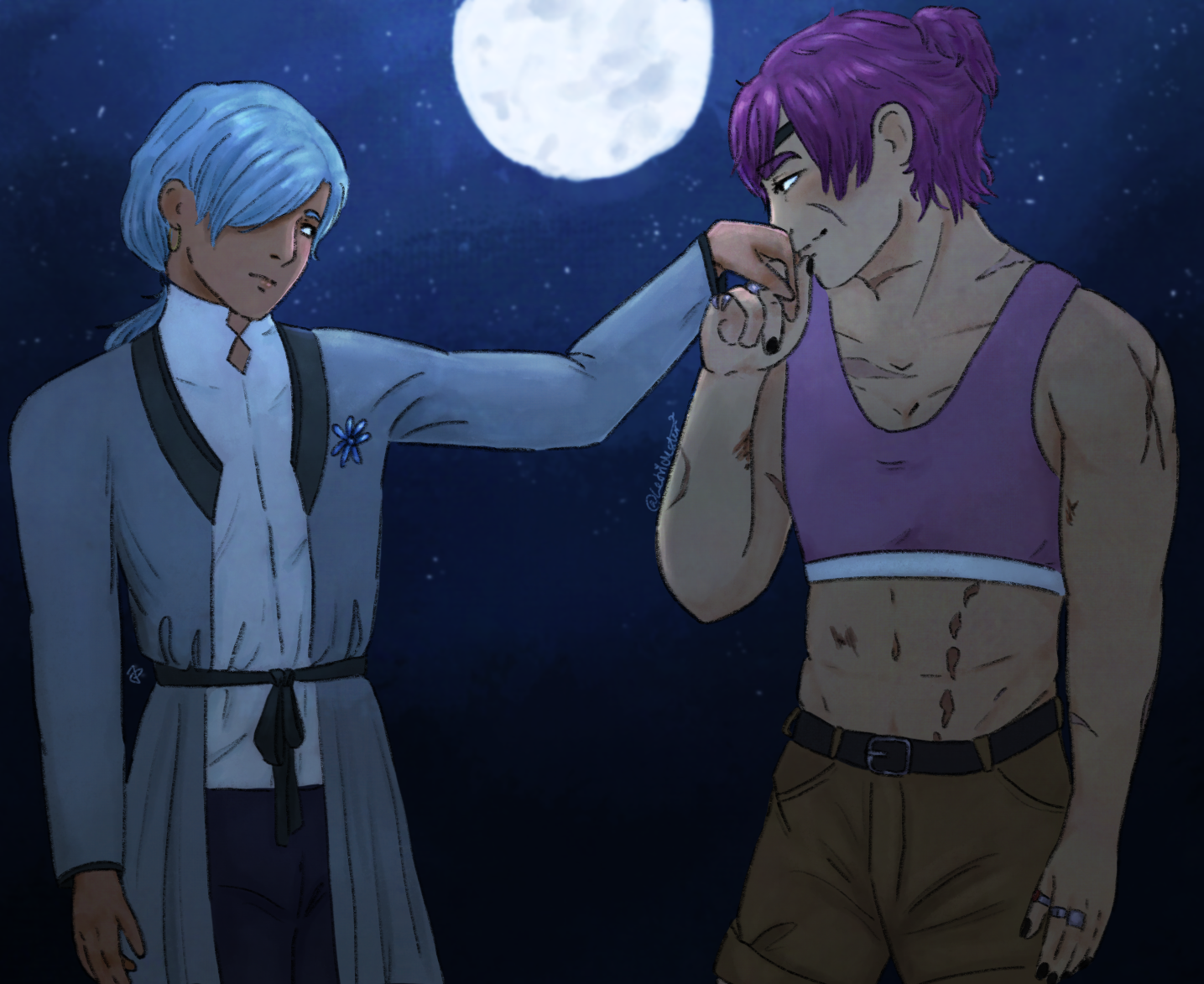 A drawing of two original characters, East and North. East has tan skin and blue hair pulled into a ponytail, he is wearing a light grey robe with a white undershirt. North is large and muscular with many scars. They have shaggy purple hair which is pulled back and they are wearing a purple sports bra and khaki shorts. They are standing in the moonlight together and North is kissing East's hand.