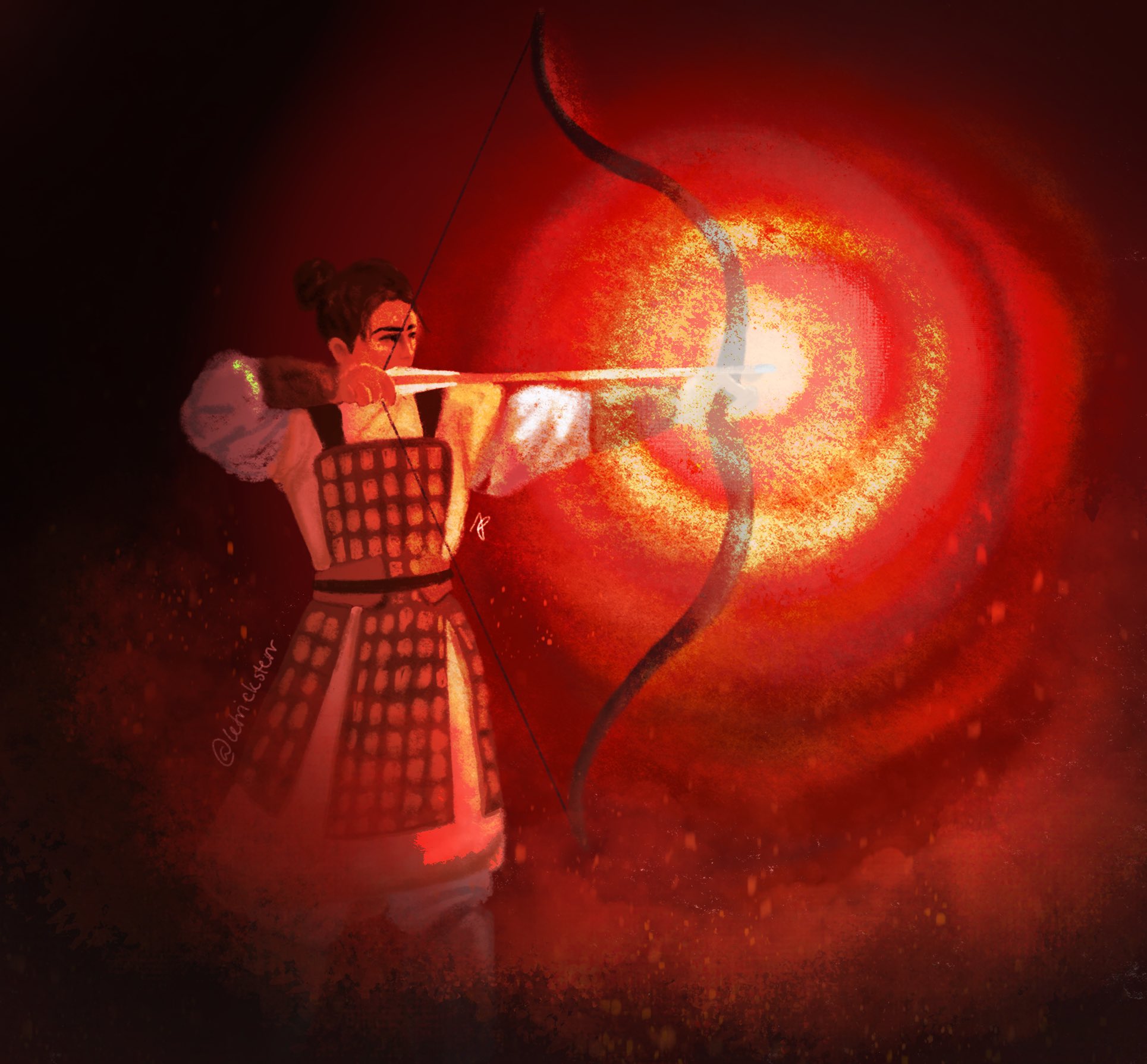 A drawing of Lin Wanyue from Female General and Eldest Princess. Lin Wanyue has tan skin and dark hair pulled into a bun, she is wearing historical Chinese armor. She is standing in profile, drawing back a bow, the arrow is generating light like a red sun which lights the drawing.