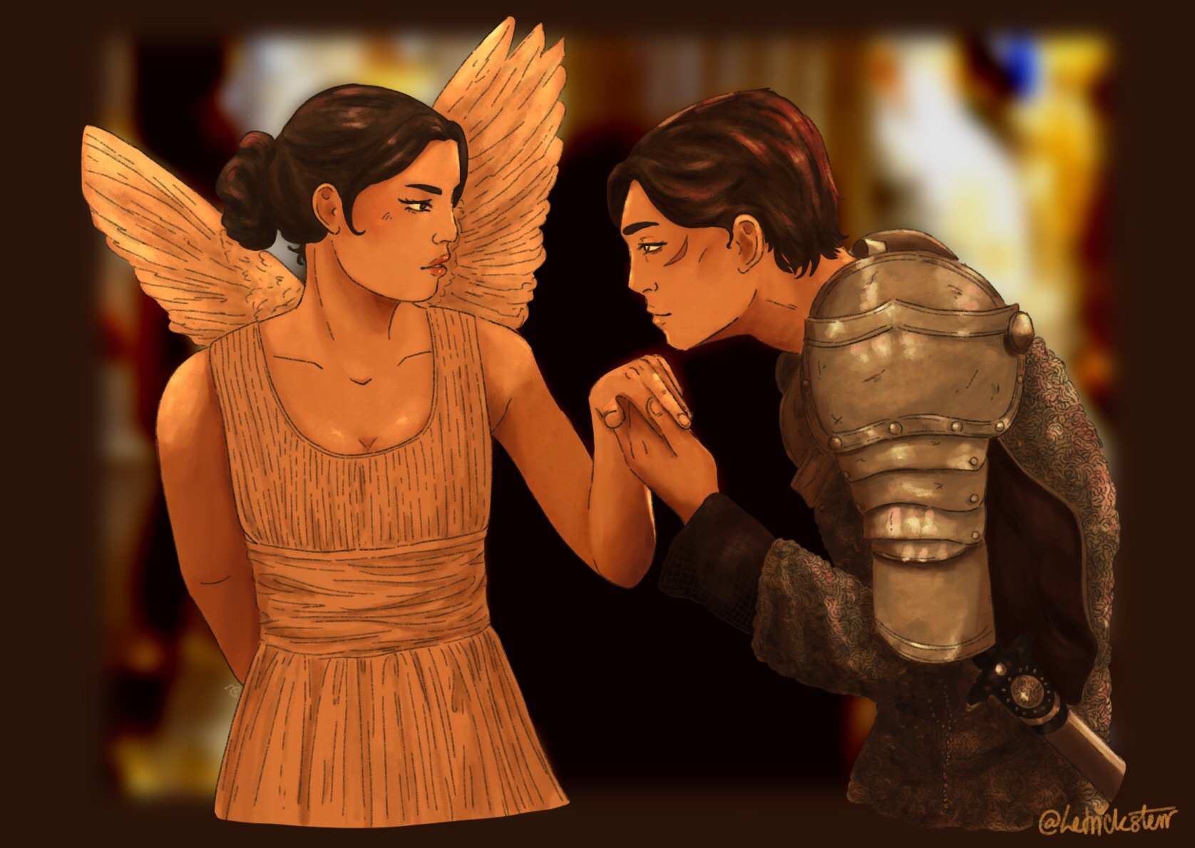 A drawing of Nangong Jingnu and Qi Yan from Clear and Muddy Loss of Love as Baz Lehrman's Romeo and Juliet. Jingnu is dressed as an angel, Qi Yan as a knight. Qi Yan has kissed Jingnu's hand and they are looking at each other lovingly.