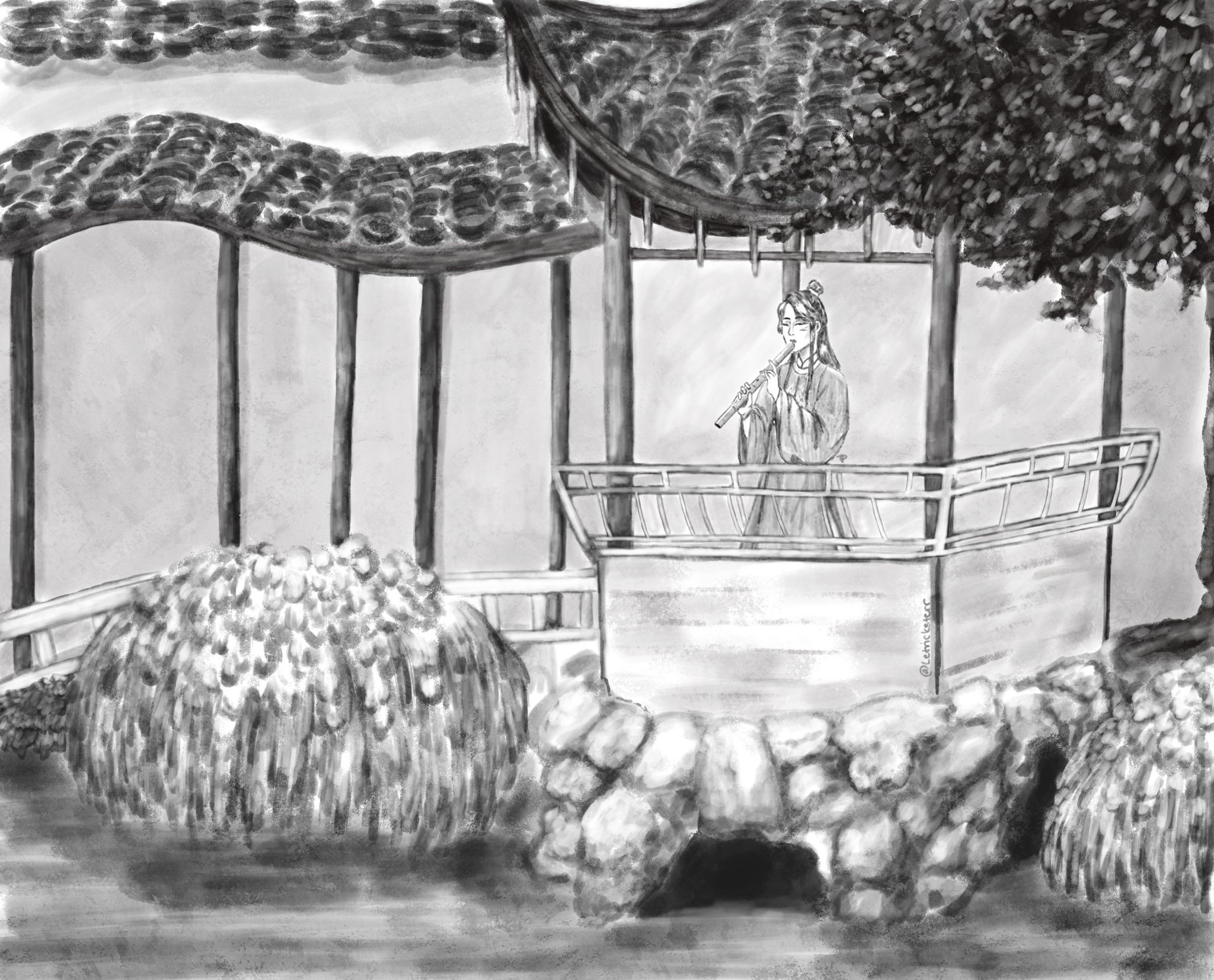 A drawing of Qi Yan from Clear and Muddy Loss of Love in a black and white painterly style. Qi Yan is wearing historical Chinese robes and playing a flute. She stands in a pavillion in a Chinese garden, overlooking a pond. Her eyes are closed and she looks peaceful.