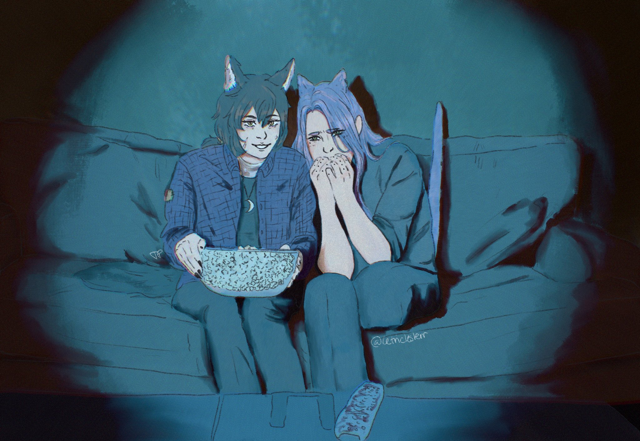 A drawing of two original characters, Valentine and Sable, sitting on a couch together watching a horror movie. Sable has cat ears and long shaggy hair pulled into a ponytail, they are wearing a patched plaid shirt and watching the movie eagerly. Valentine has cat ears, long purple hair, and is wearing dark chic clothing. He is watching the movie fearfully, his tail sticking straight in the air. The scene is lit cooly by the tv.