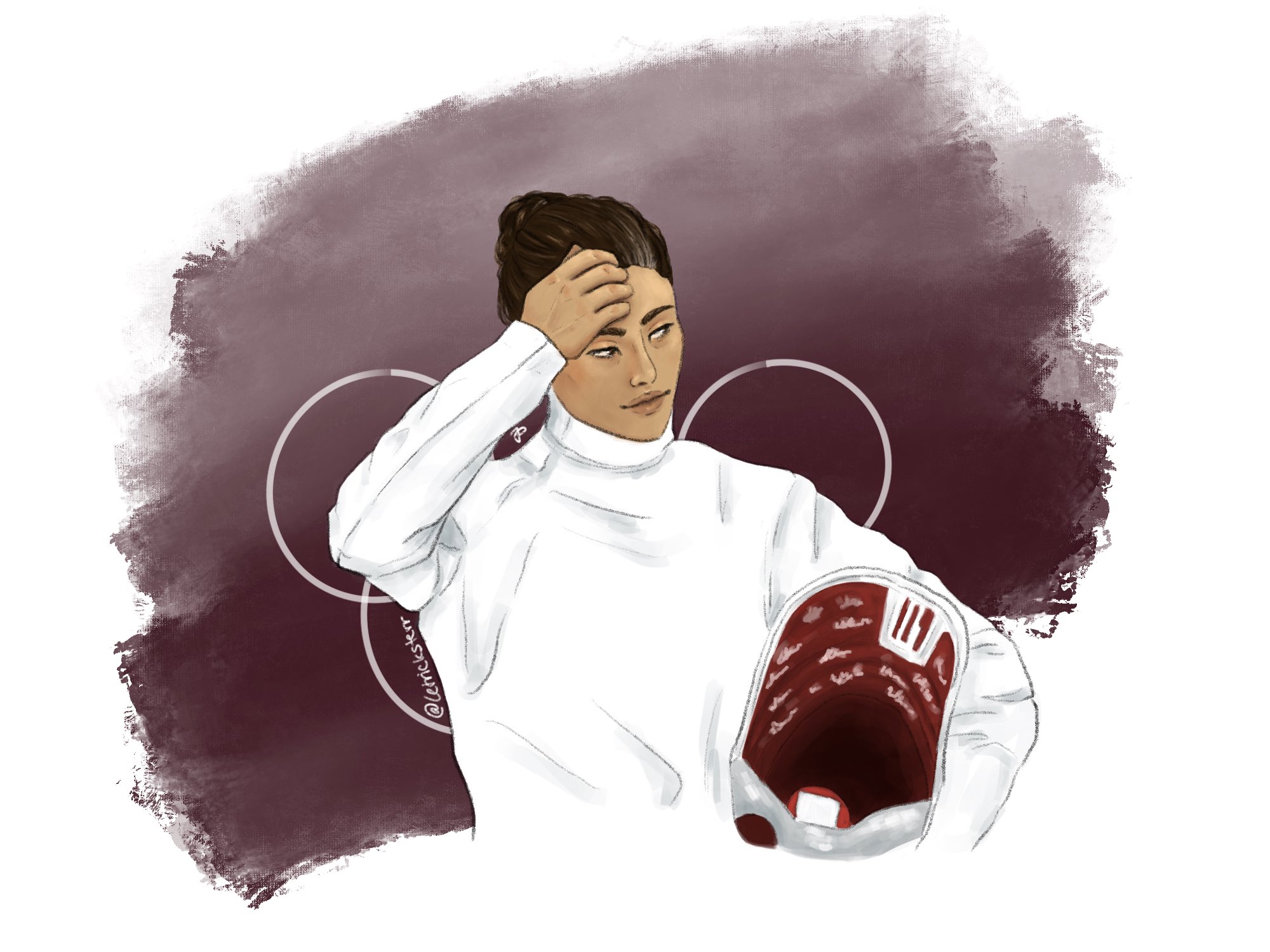 A drawing of Lin Wanyue from Female General and Eldest Princess dressed as a fencer. She is looking away from the camera and scratching her head, holding her helmet under one arm. Her dark brown hair is pulled back into a tight bun and there are streaks of grey in it. She stands in front of an Olympic logo.
